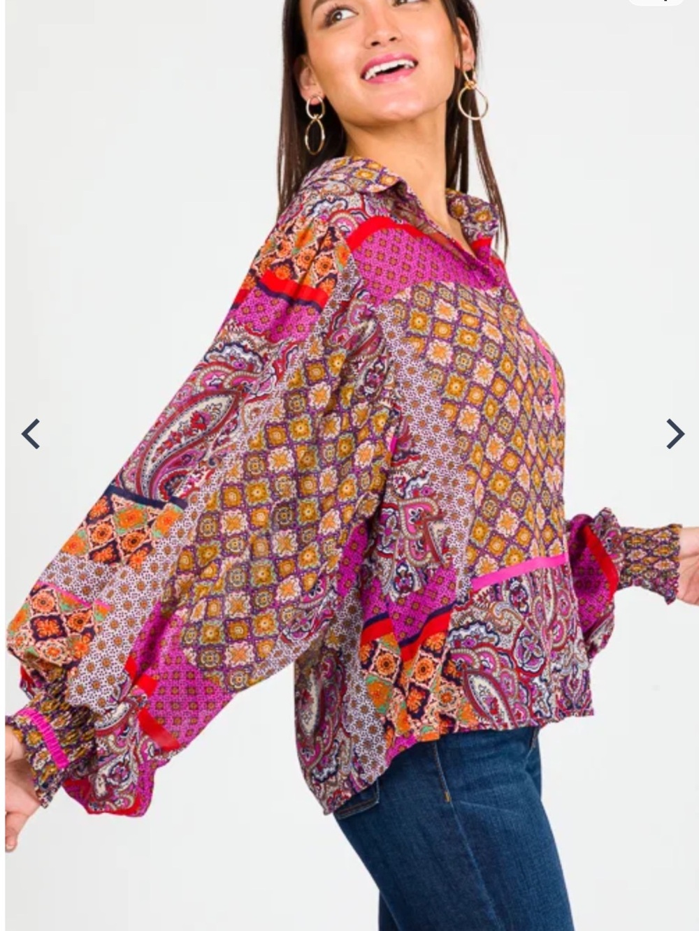 eesome Pink Multi Boho Patchwork Balloon Sleeve Blouse NWOT Large oversized